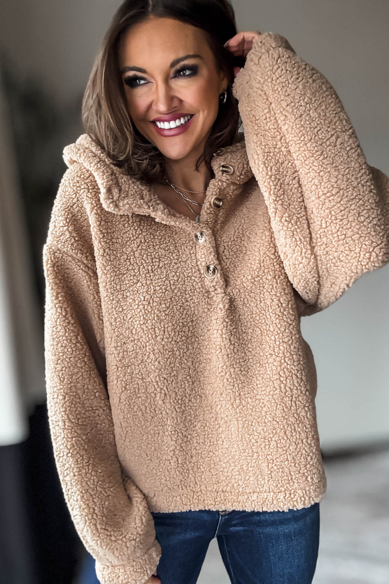 Mocha Sherpa Button Up Hooded Pullover Jacket