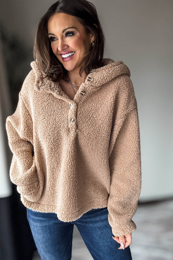 Mocha Sherpa Button Up Hooded Pullover Jacket