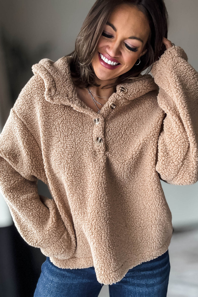 Mocha Sherpa Button Up Hooded Pullover Jacket