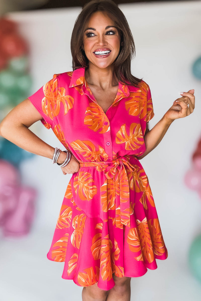 SHORT SLEEVE BUTTON DOWN WAIST BELTED MINI DRESS