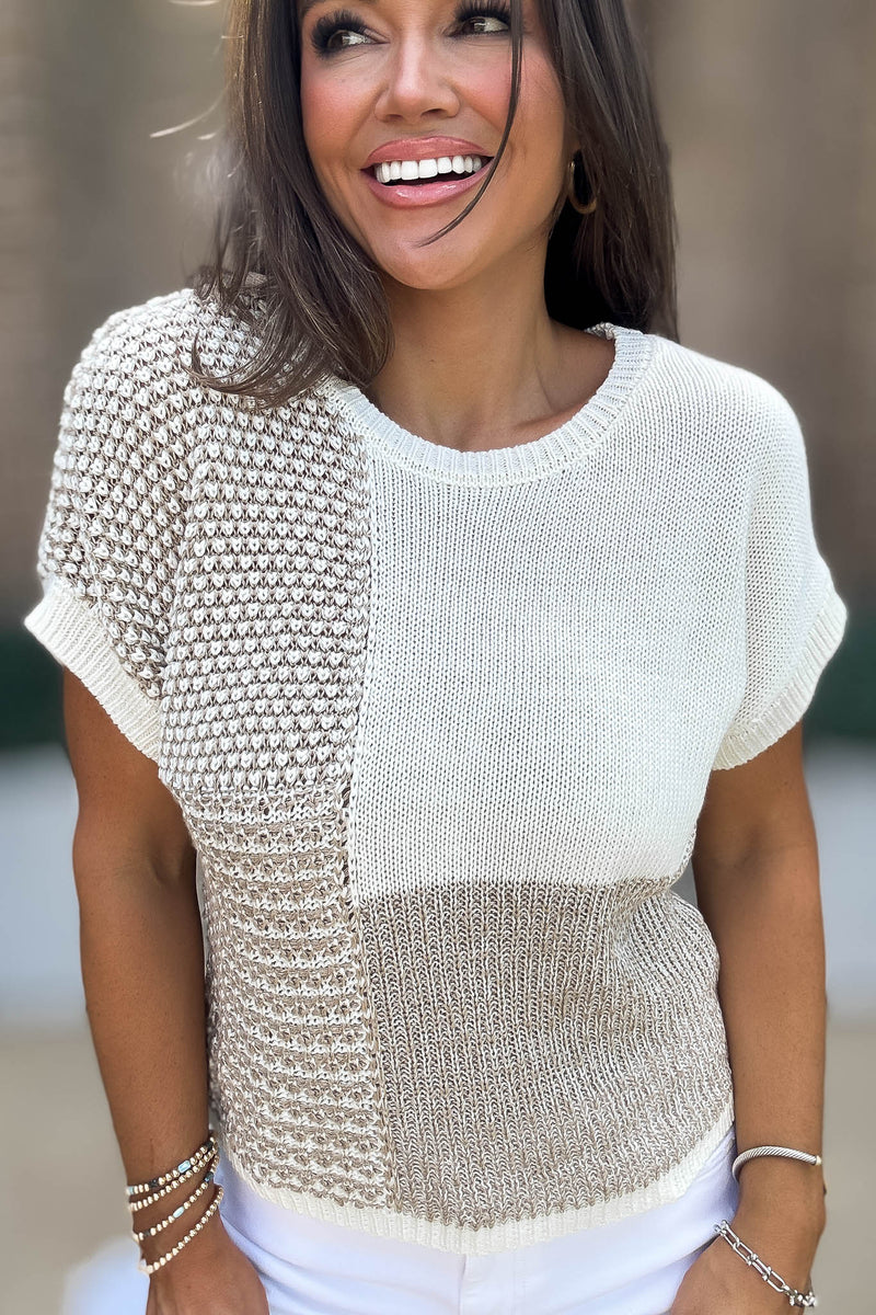 Multi Pattern Beige Colorblock Short Sleeve Sweater Top
