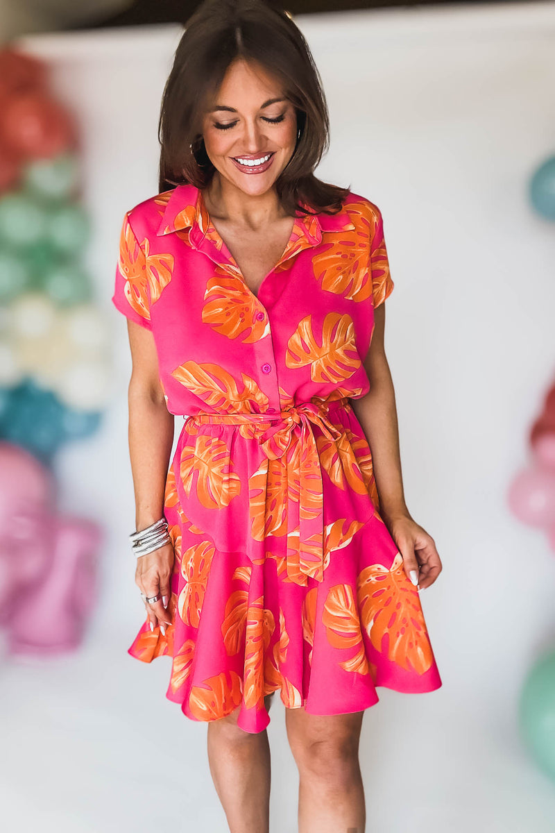 SHORT SLEEVE BUTTON DOWN WAIST BELTED MINI DRESS