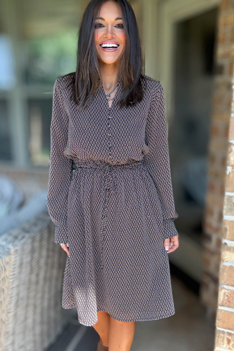 Diamond Multi Print Drawstring Waist Pockets Dress