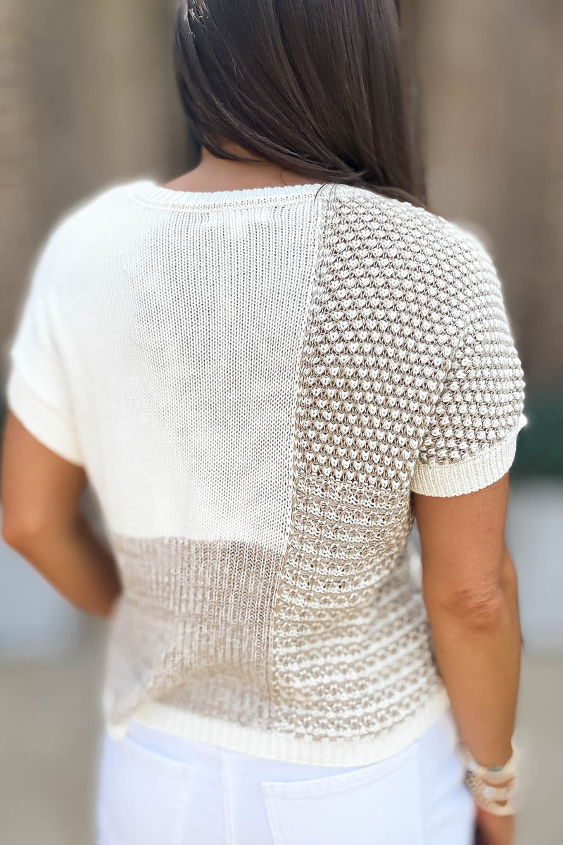 Multi Pattern Beige Colorblock Short Sleeve Sweater Top