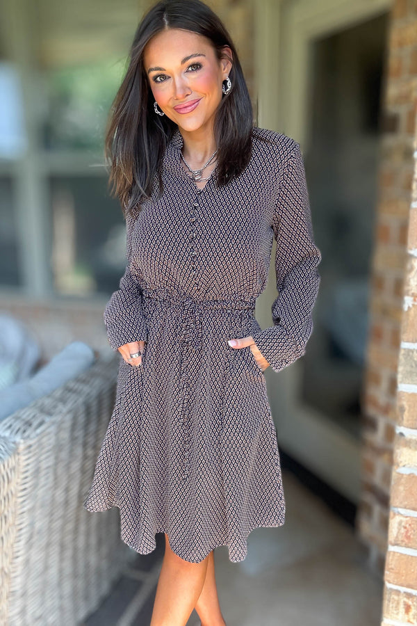 Diamond Multi Print Drawstring Waist Pockets Dress