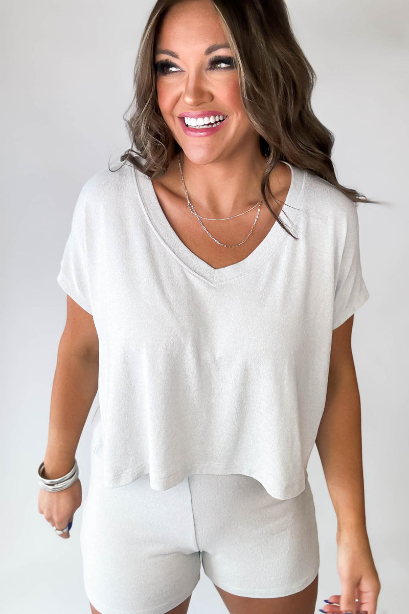 So Soft Light Cement Cashmere Like V-Neck Top
