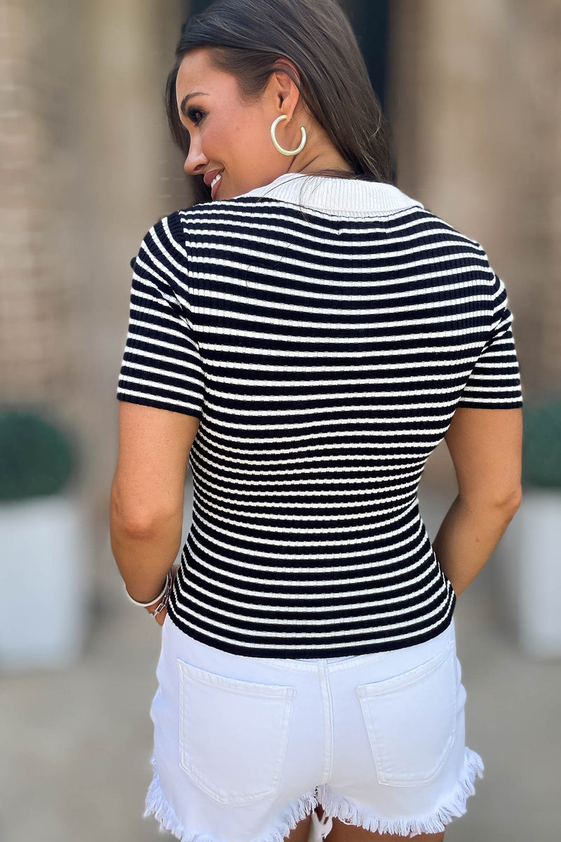 Stripe Collared Cut-out Detail Sweater Knit Top