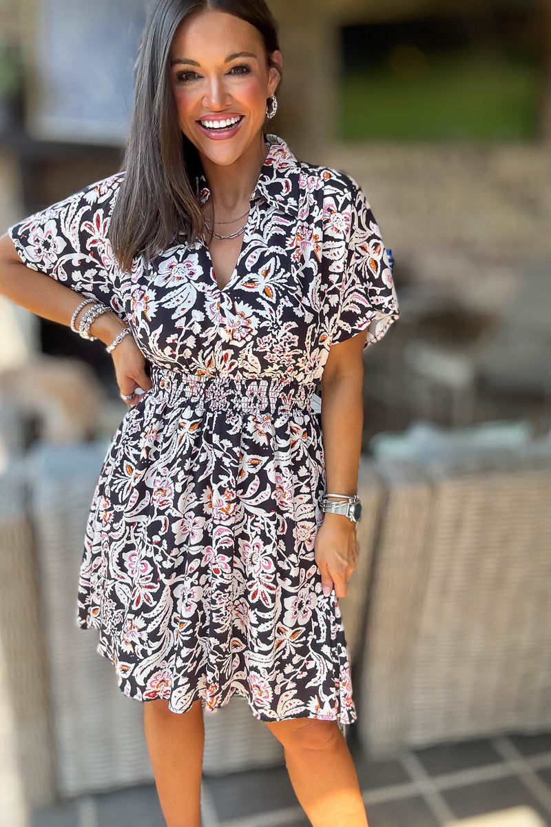 Black Abstract Pattern Collared Drop Shoulder Woven Dress