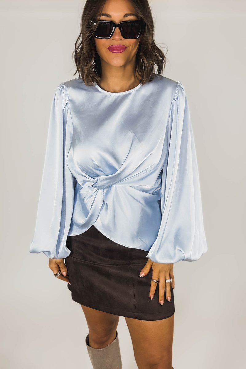 Mable Baby Blue Satin Balloon Sleeve Front Twist Detail Blouse