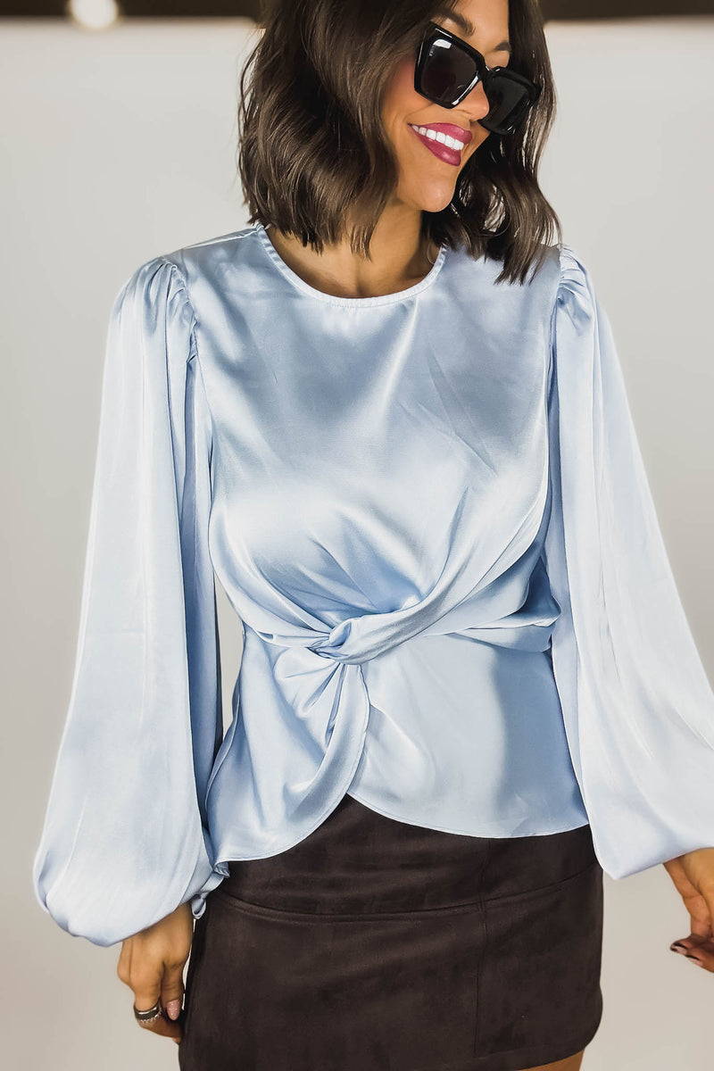 Mable Baby Blue Satin Balloon Sleeve Front Twist Detail Blouse