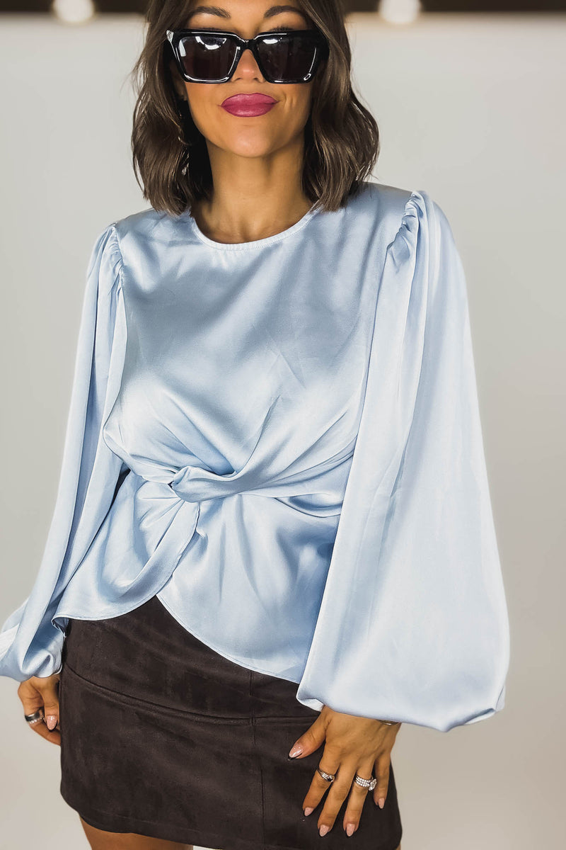 Mable Baby Blue Satin Balloon Sleeve Front Twist Detail Blouse