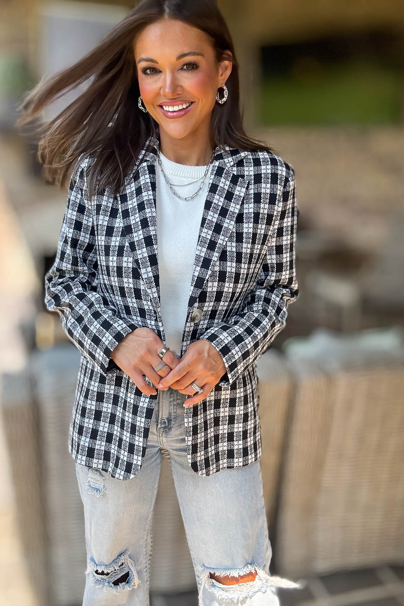 Plaid Long Sleeve Pockets Front Blazer