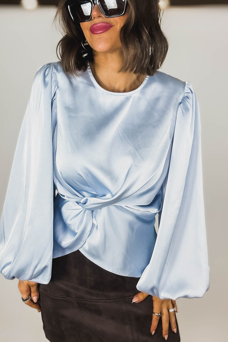 Mable Baby Blue Satin Balloon Sleeve Front Twist Detail Blouse