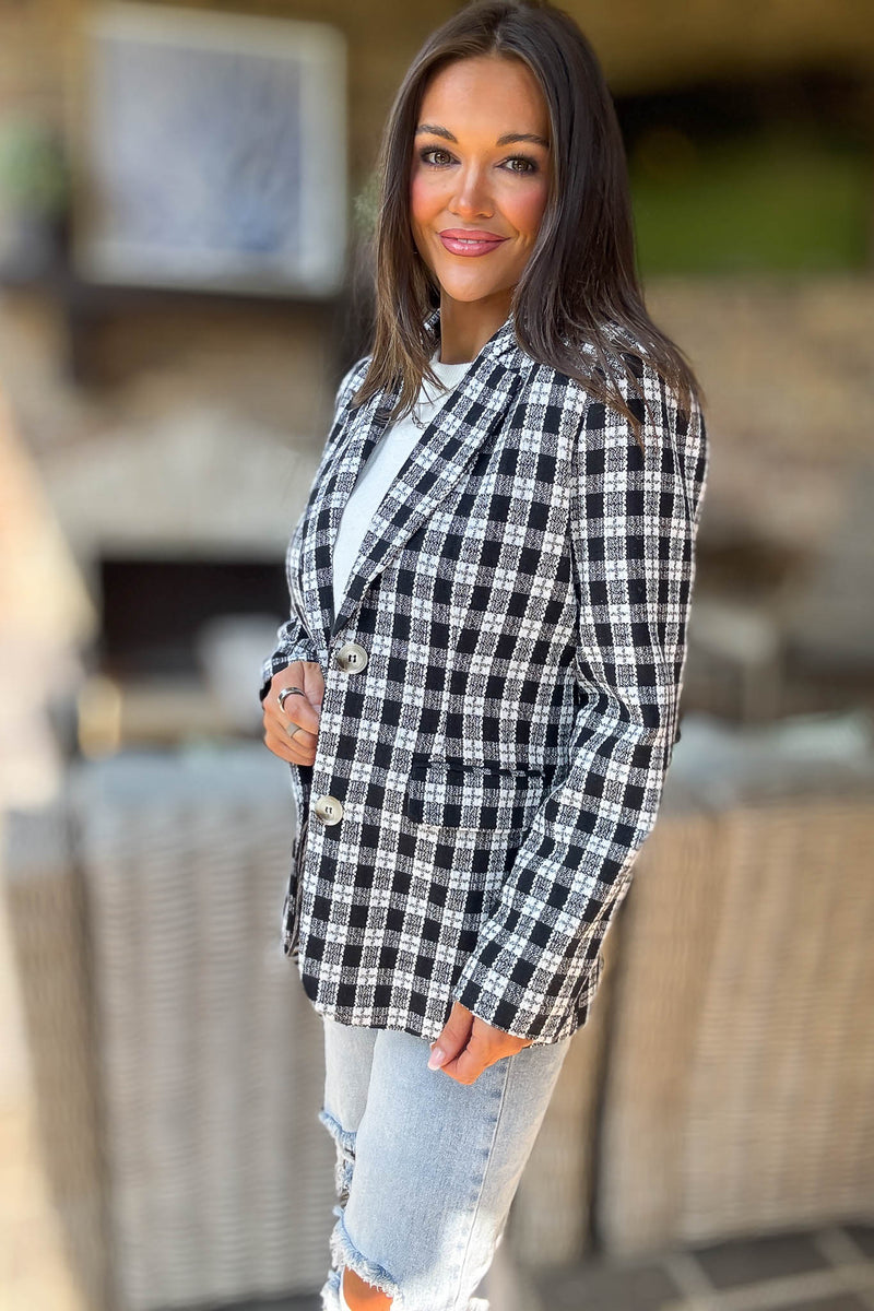 Plaid Long Sleeve Pockets Front Blazer