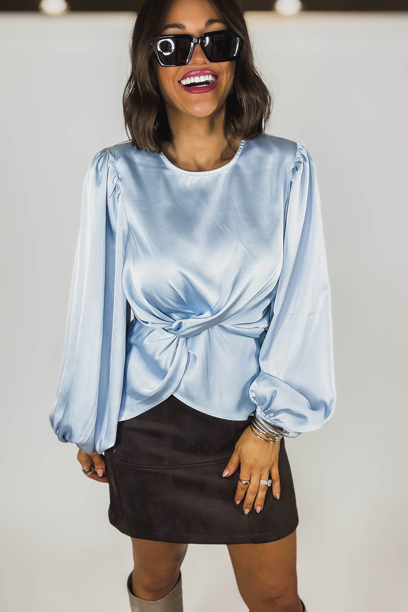 Mable Baby Blue Satin Balloon Sleeve Front Twist Detail Blouse