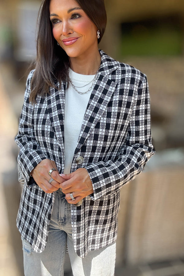 Plaid Long Sleeve Pockets Front Blazer
