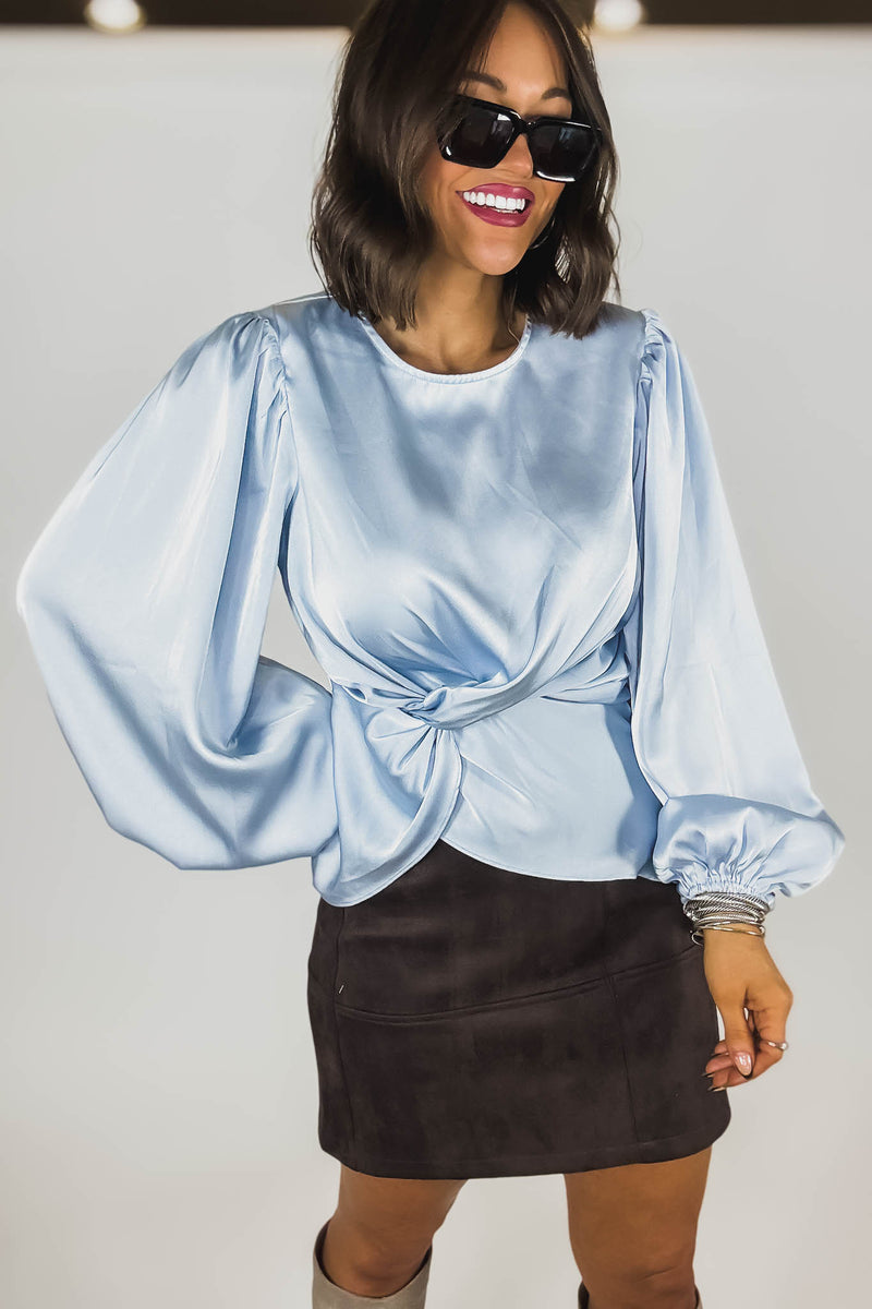 Mable Baby Blue Satin Balloon Sleeve Front Twist Detail Blouse