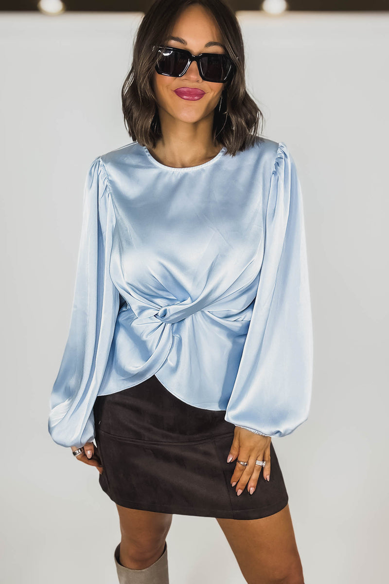 Mable Baby Blue Satin Balloon Sleeve Front Twist Detail Blouse