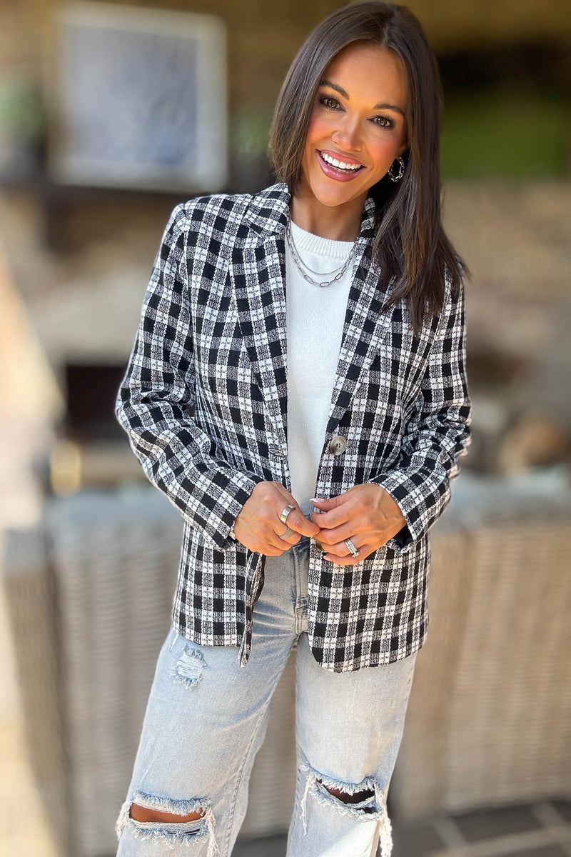 Plaid Long Sleeve Pockets Front Blazer