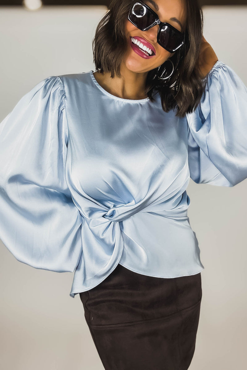 Mable Baby Blue Satin Balloon Sleeve Front Twist Detail Blouse
