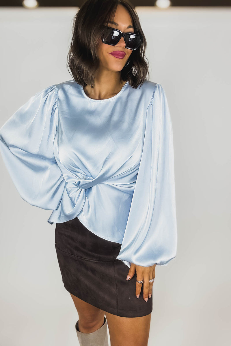 Mable Baby Blue Satin Balloon Sleeve Front Twist Detail Blouse