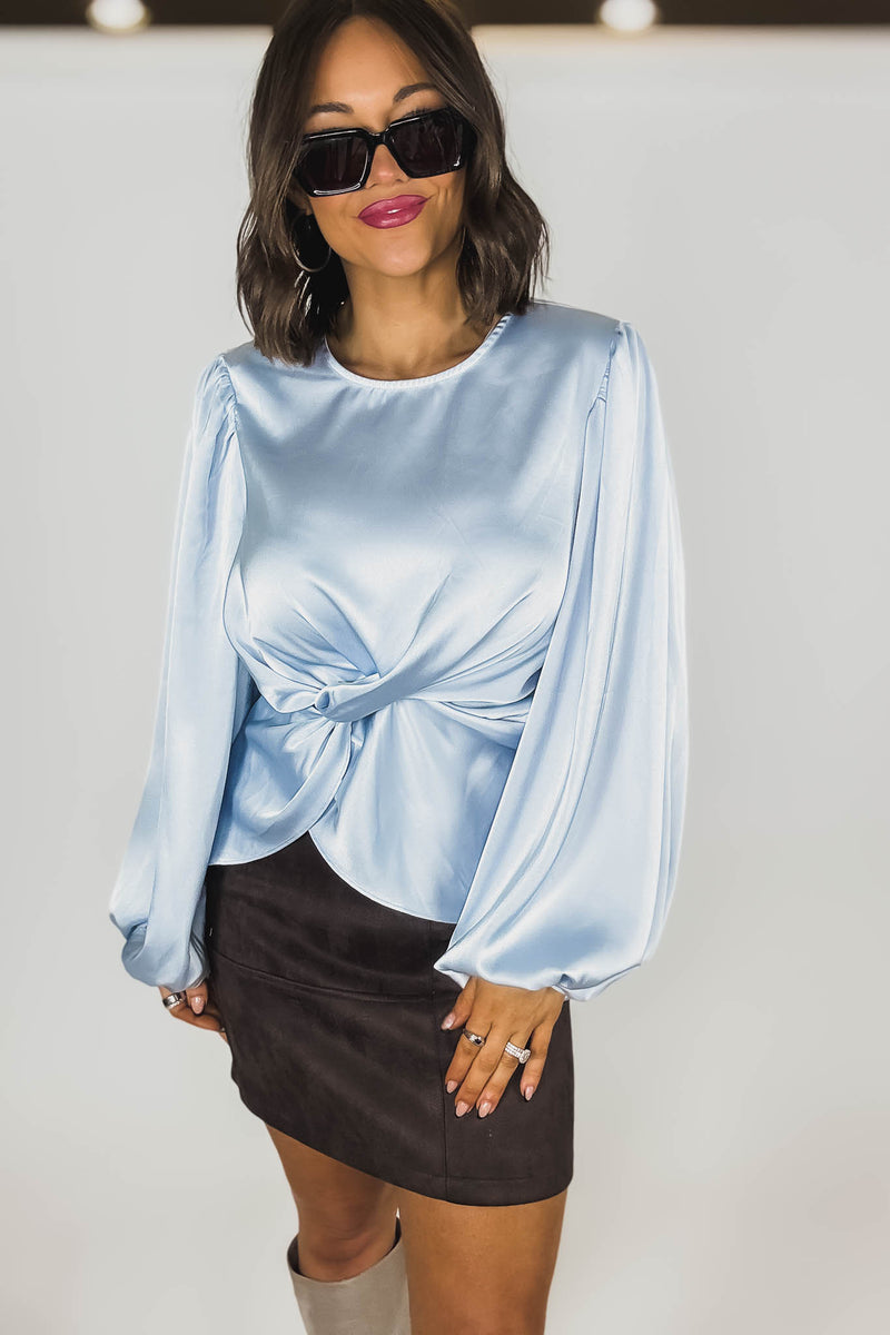 Mable Baby Blue Satin Balloon Sleeve Front Twist Detail Blouse