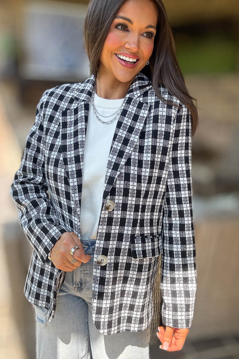 Plaid Long Sleeve Pockets Front Blazer