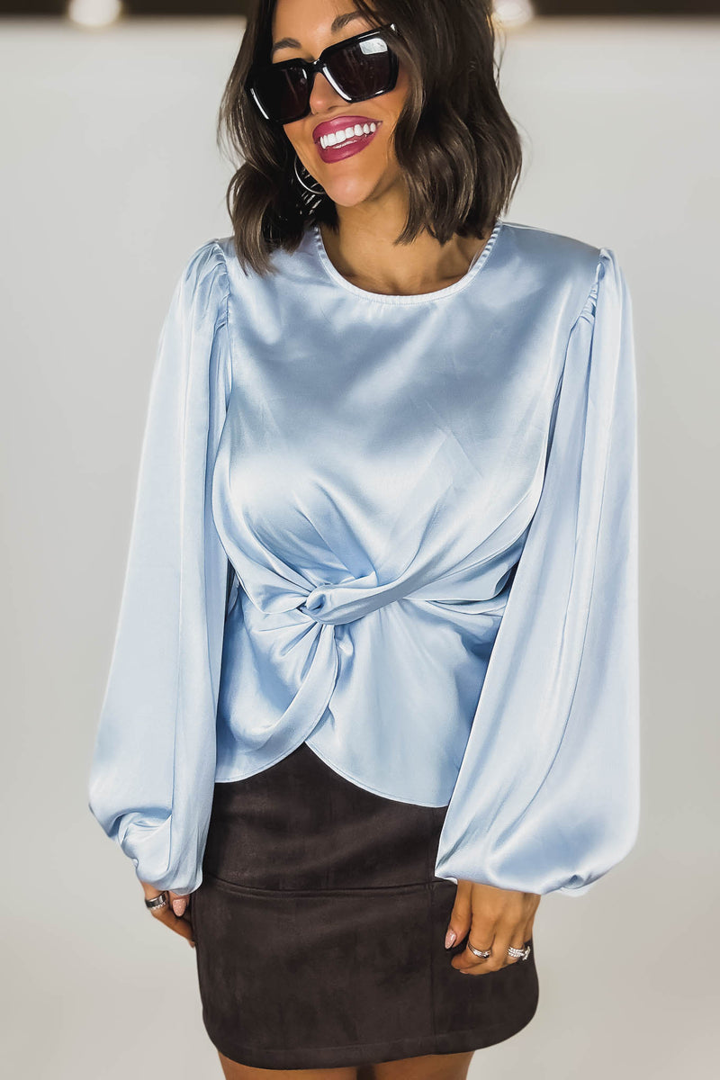 Mable Baby Blue Satin Balloon Sleeve Front Twist Detail Blouse