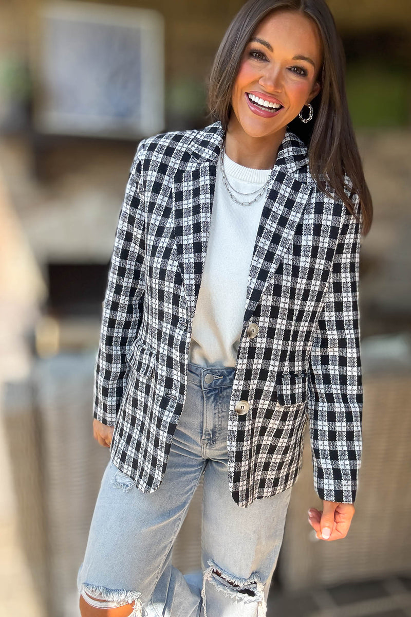 Plaid Long Sleeve Pockets Front Blazer