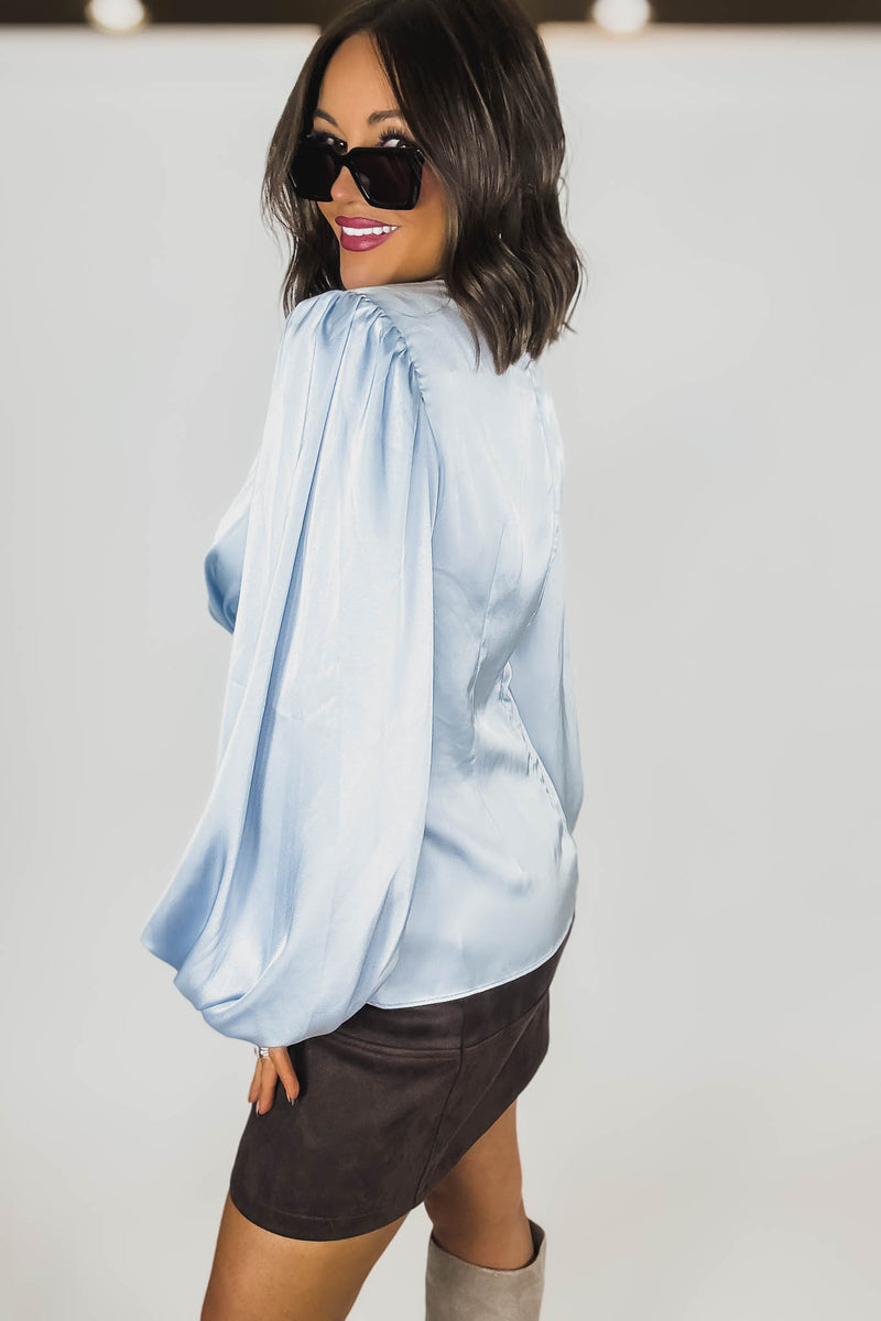 Mable Baby Blue Satin Balloon Sleeve Front Twist Detail Blouse