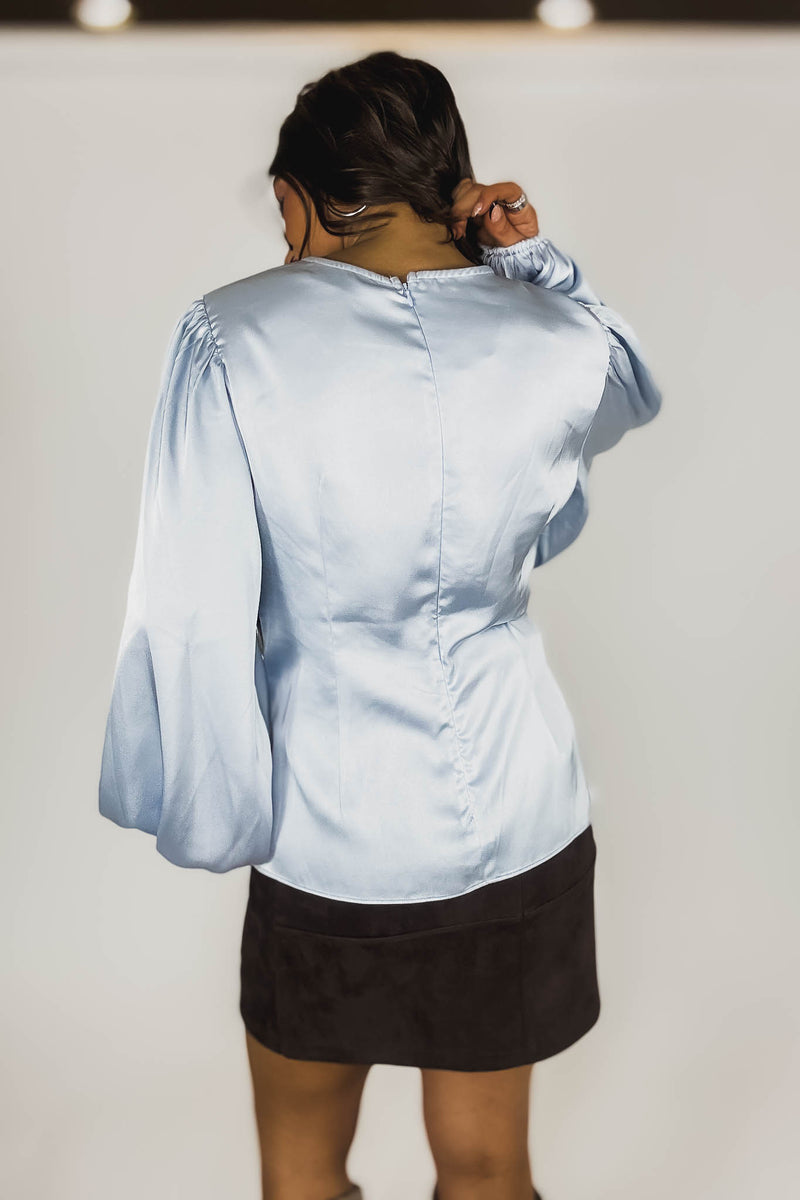 Mable Baby Blue Satin Balloon Sleeve Front Twist Detail Blouse
