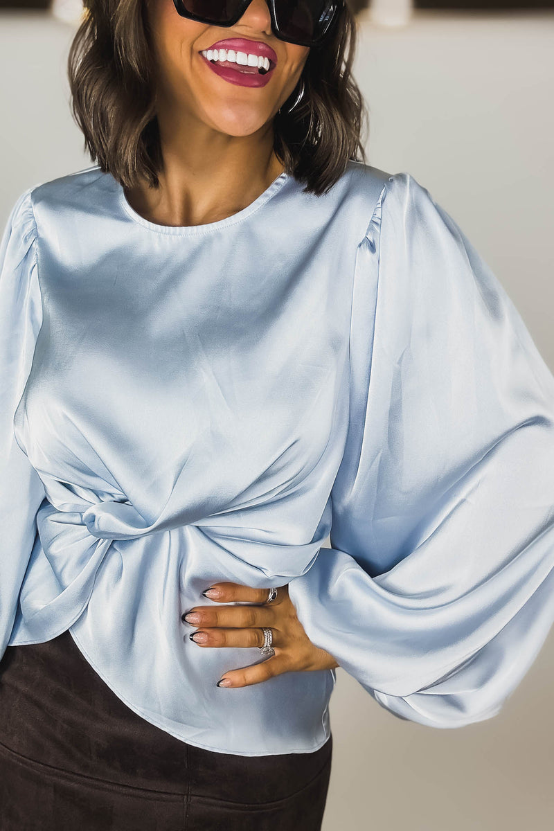 Mable Baby Blue Satin Balloon Sleeve Front Twist Detail Blouse
