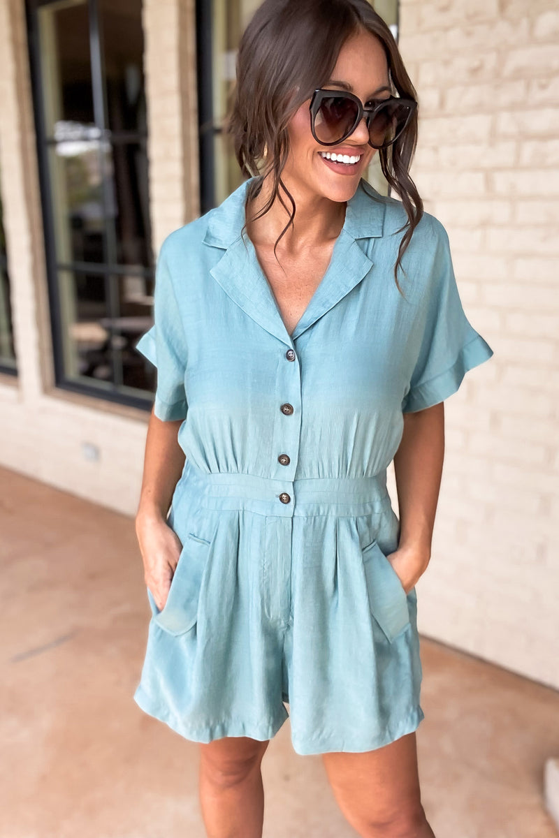 Saving Face Solid Button-Up Romper