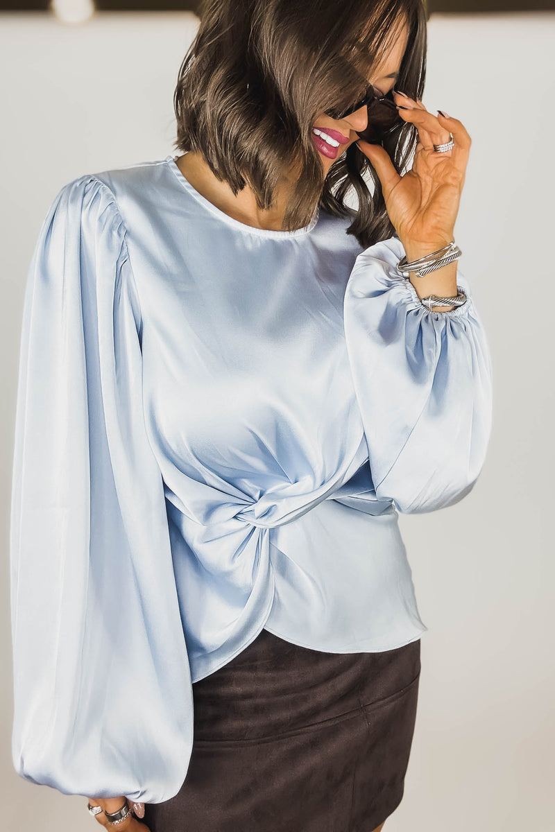 Mable Baby Blue Satin Balloon Sleeve Front Twist Detail Blouse