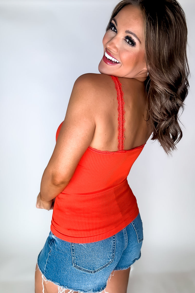 Stretchy Tomato Red Ribbed  Seamless Lace Trim Tank Top