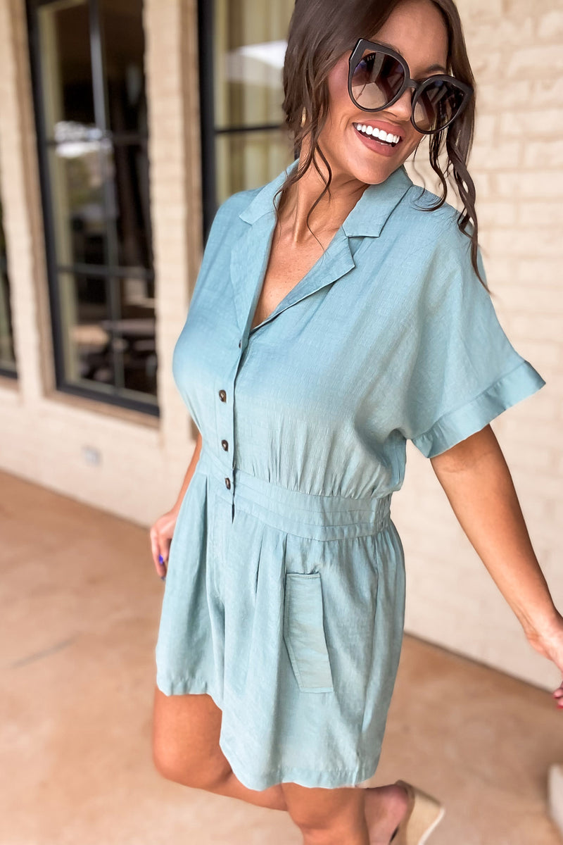 Saving Face Solid Button-Up Romper