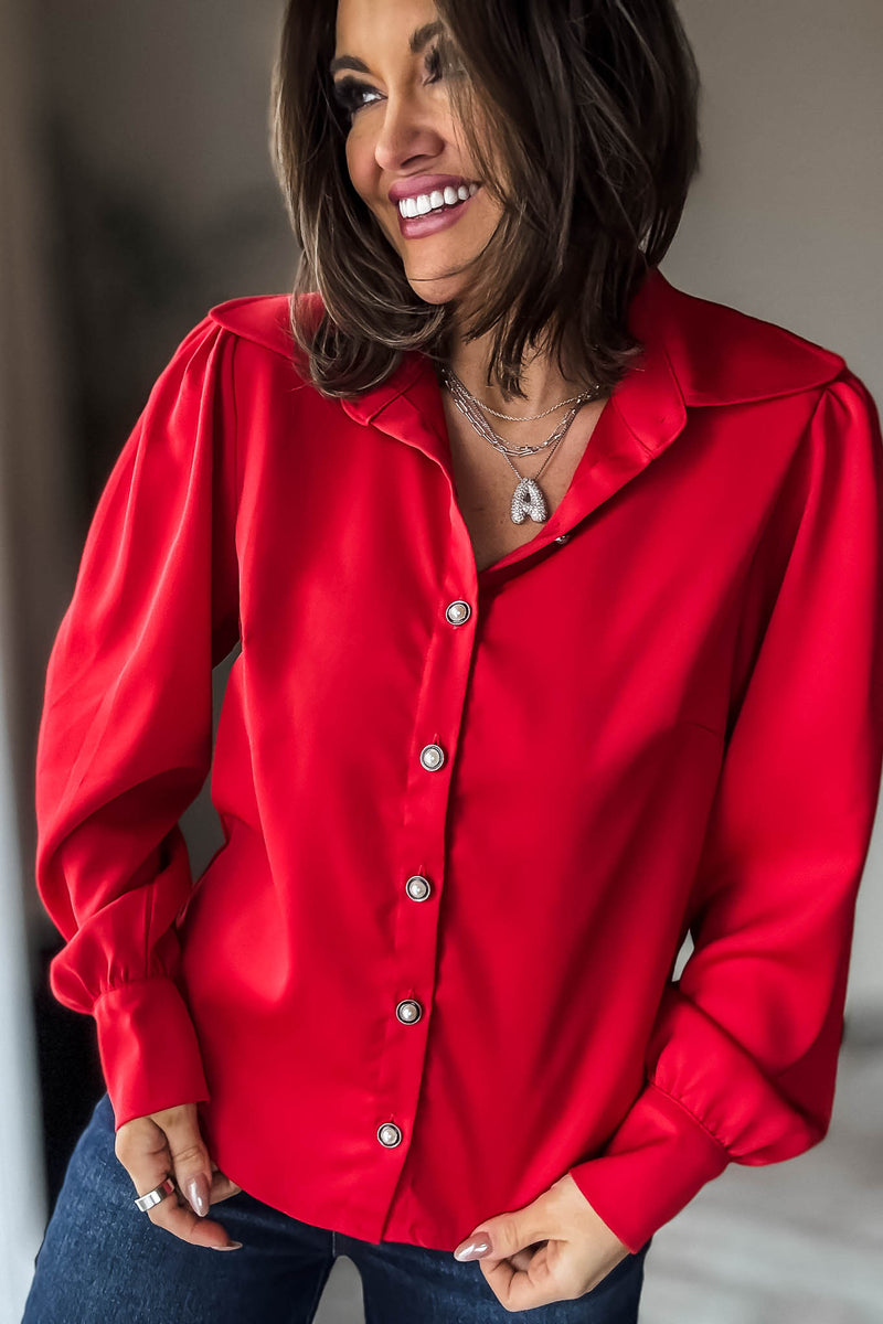 Red Long Sleeve Button Up Blouse