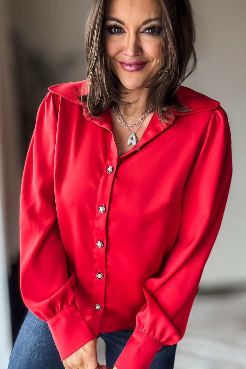 Red Long Sleeve Button Up Blouse