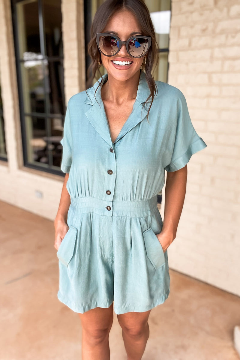 Saving Face Solid Button-Up Romper