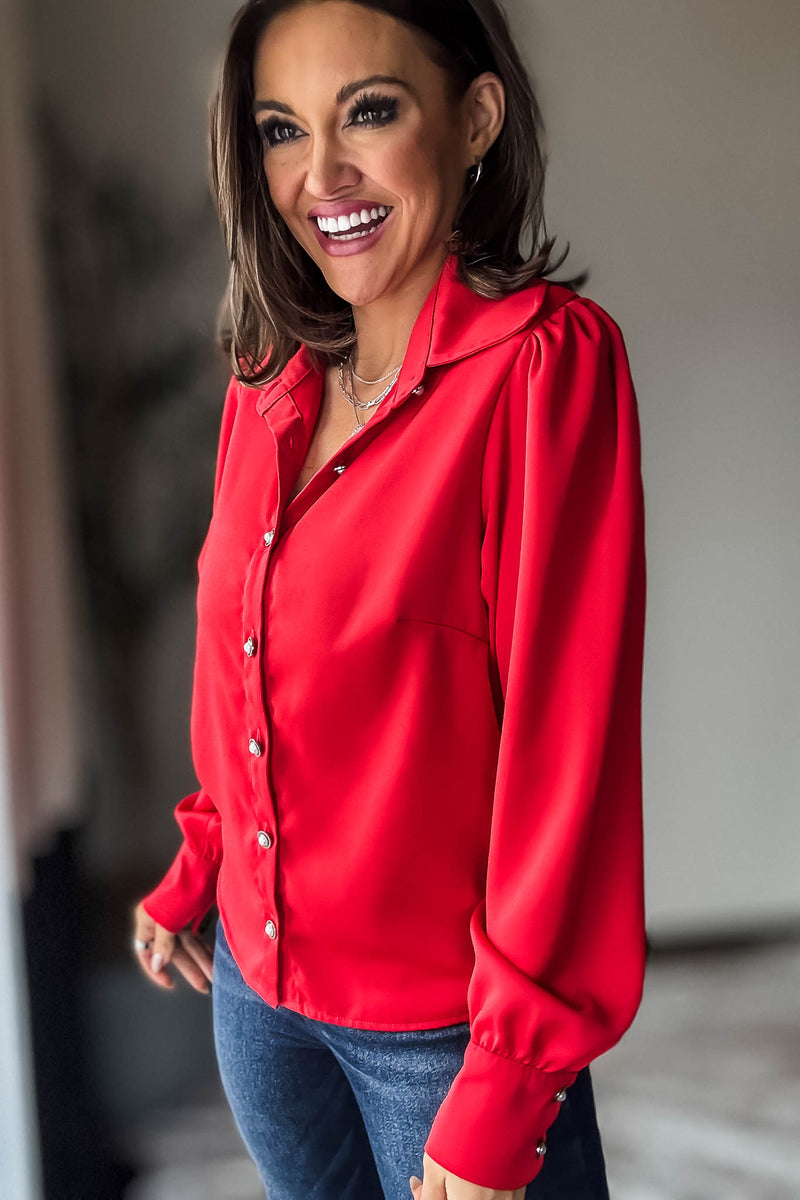 Red Long Sleeve Button Up Blouse