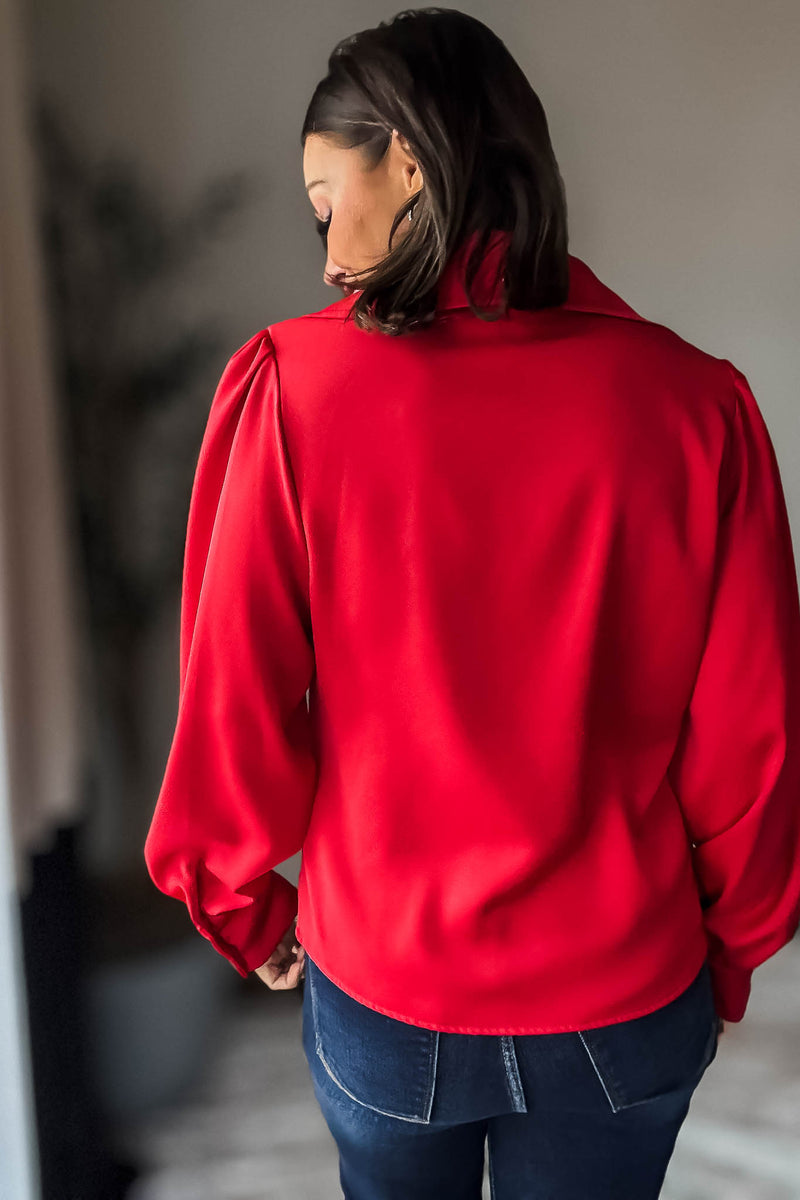 Red Long Sleeve Button Up Blouse
