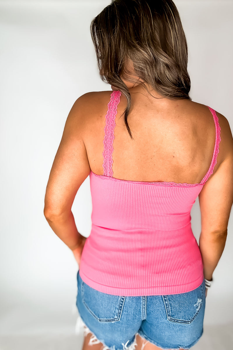 Stretchy Rose Pink Ribbed  Seamless Lace Trim Tank Top