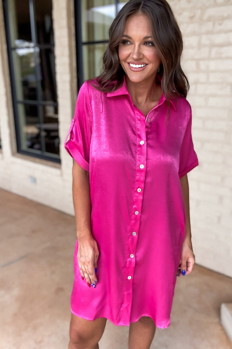 Fuchsia Shiny Solid Button-up Collar Dress