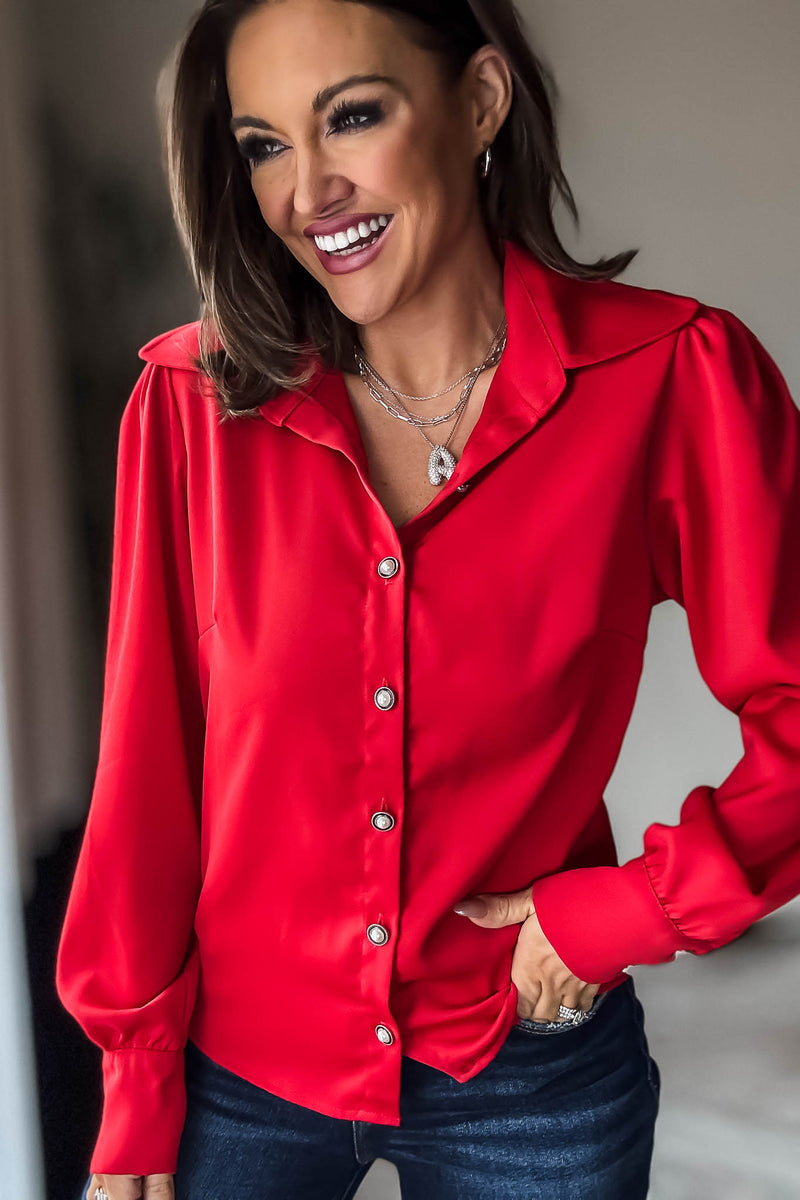 Red Long Sleeve Button Up Blouse
