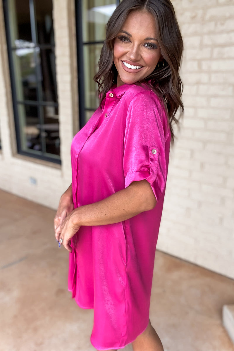 Fuchsia Shiny Solid Button-up Collar Dress