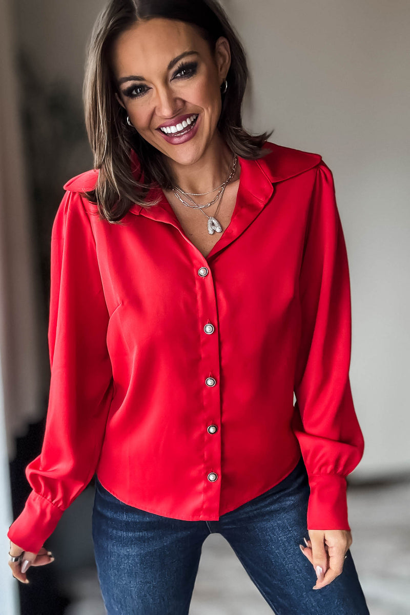 Red Long Sleeve Button Up Blouse