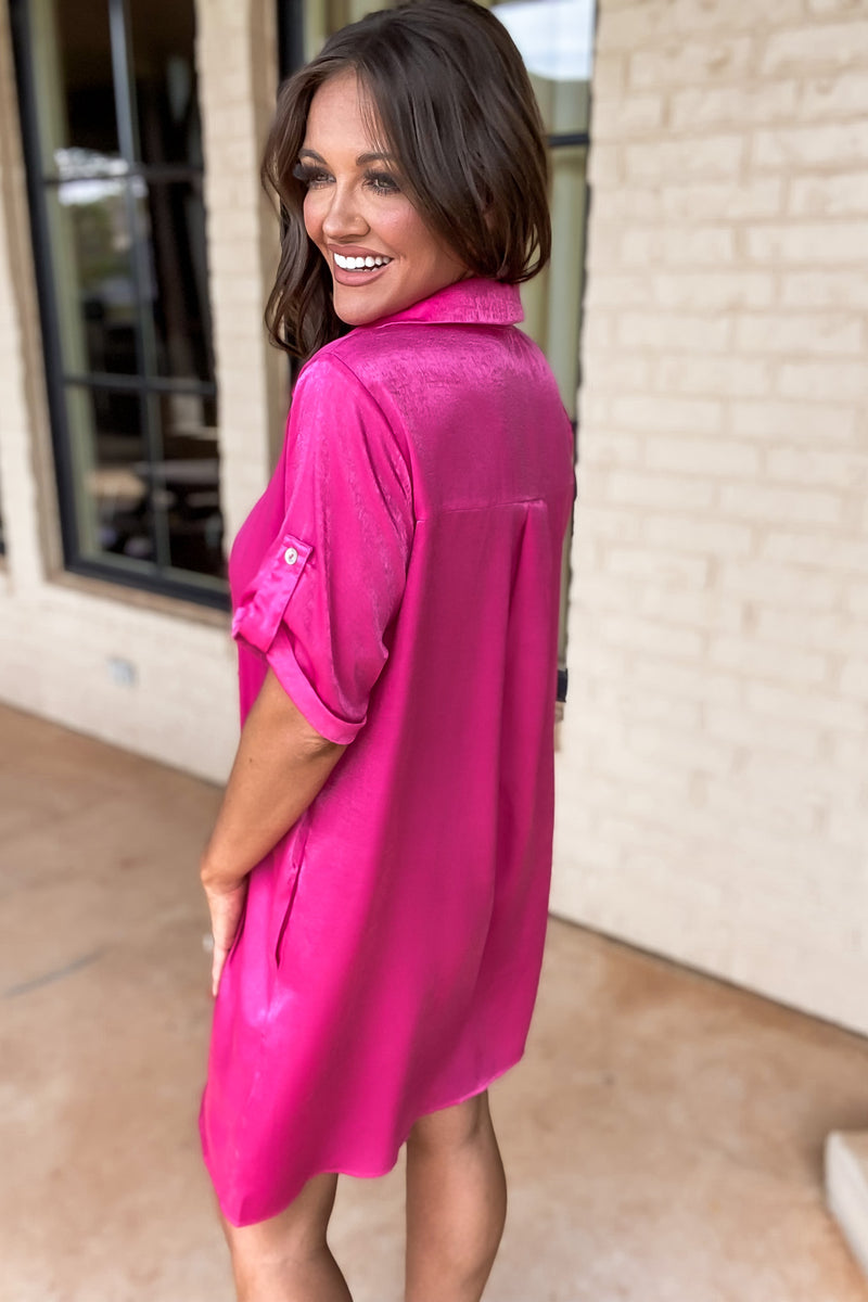 Fuchsia Shiny Solid Button-up Collar Dress
