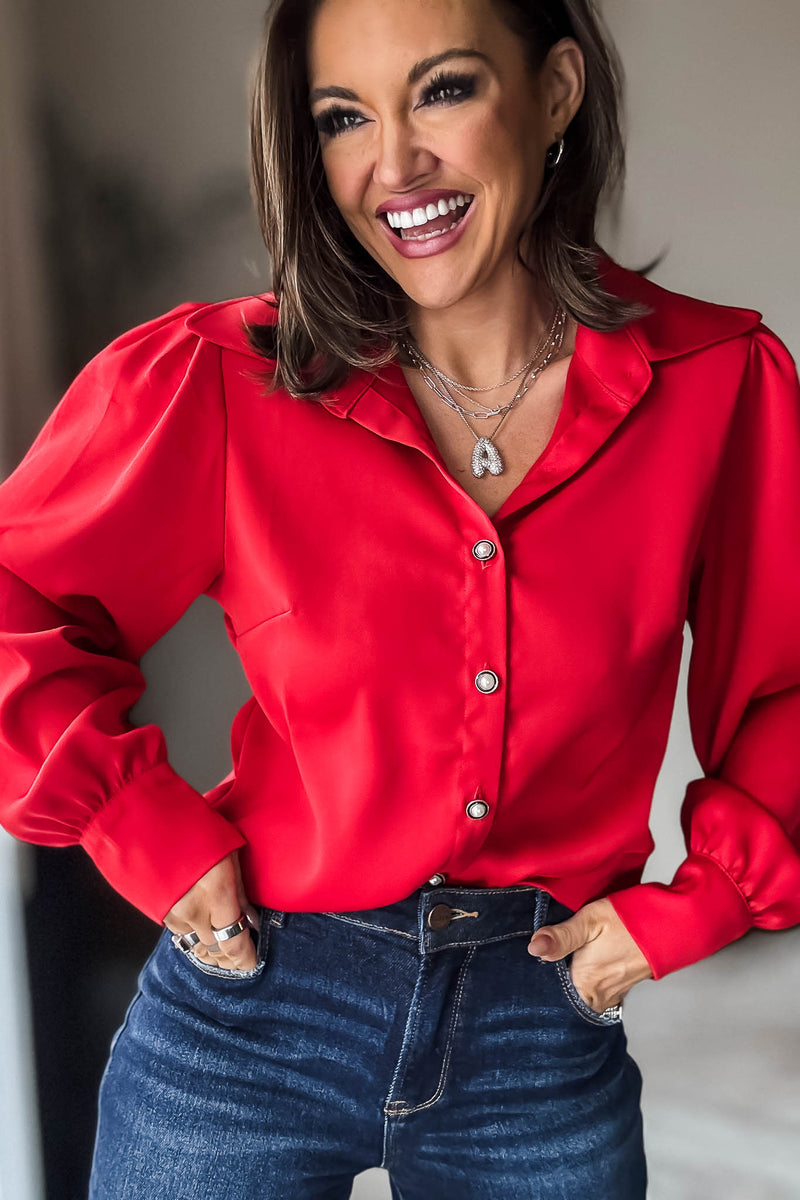 Red Long Sleeve Button Up Blouse