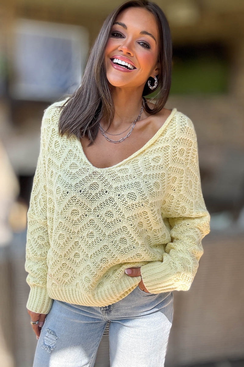 Yellow Lace Knit Patterned Long Sleeve Pullover Sweater