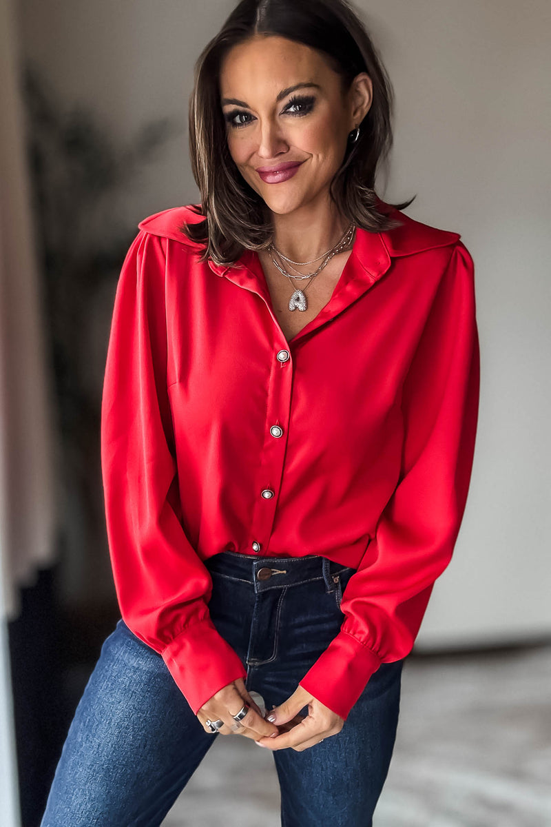 Red Long Sleeve Button Up Blouse